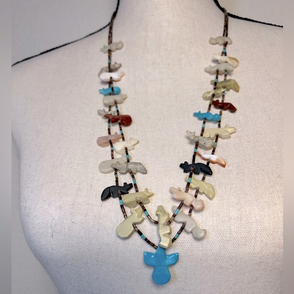 Zuni Native American Double Strand Heishe Bead Bird Fetish Necklace 30” - Picture 2 of 10